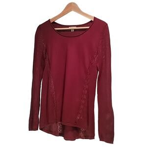 Lucky Brand Maroon Top Scoop Neck Long Sleeve Lace Insets. Size Small